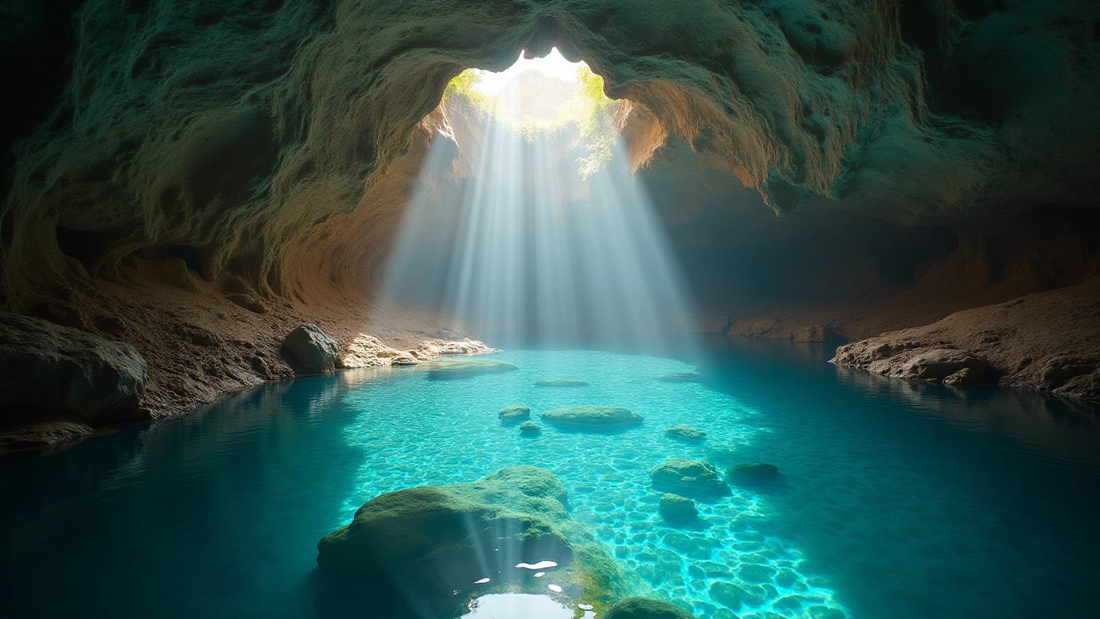 Ancient artesian aquifer beneath Skyaia® Pyramid showing crystal clear blue water flowing through sacred geological formations