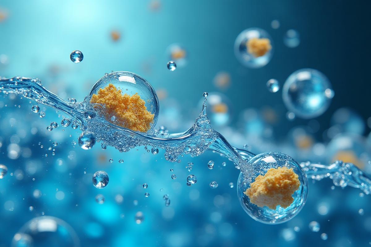 Scientific visualization of Skyaia Water®'s mineral content showing pure water molecules and mineral crystals