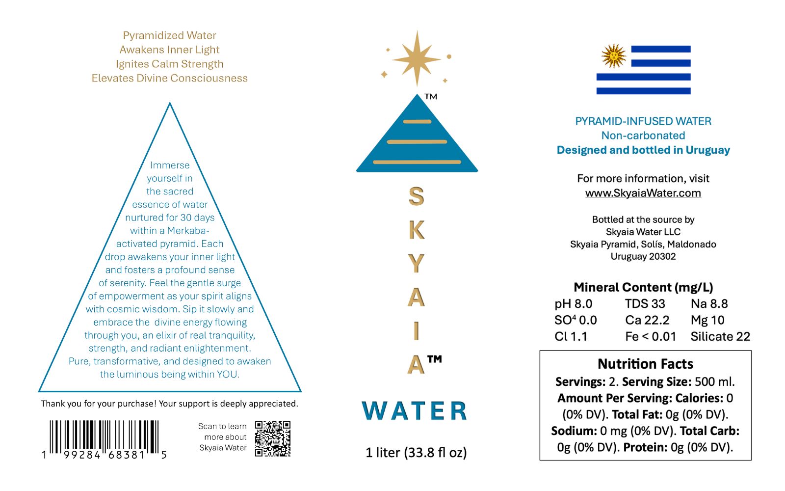 Click to view larger image Skyaia Water complete product label showing spiritual messages, mineral content, and nutrition facts